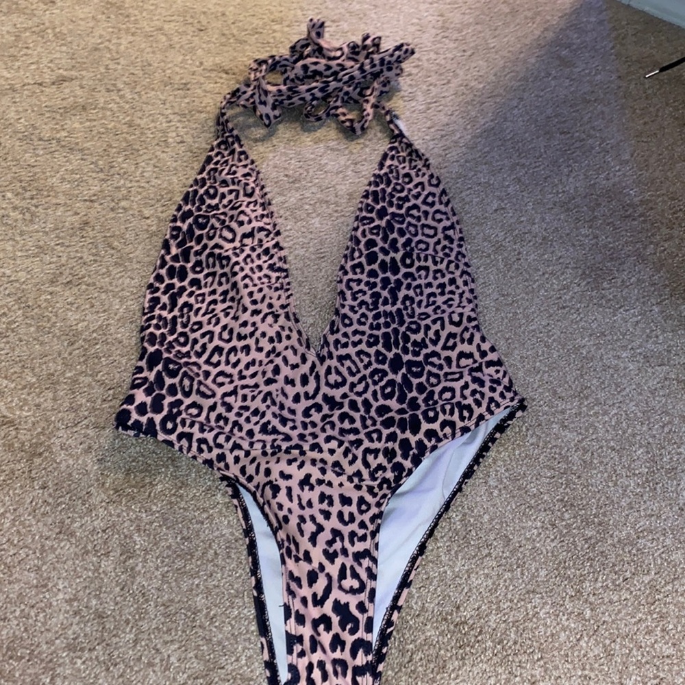 Leopard printed one piece bathing suit.